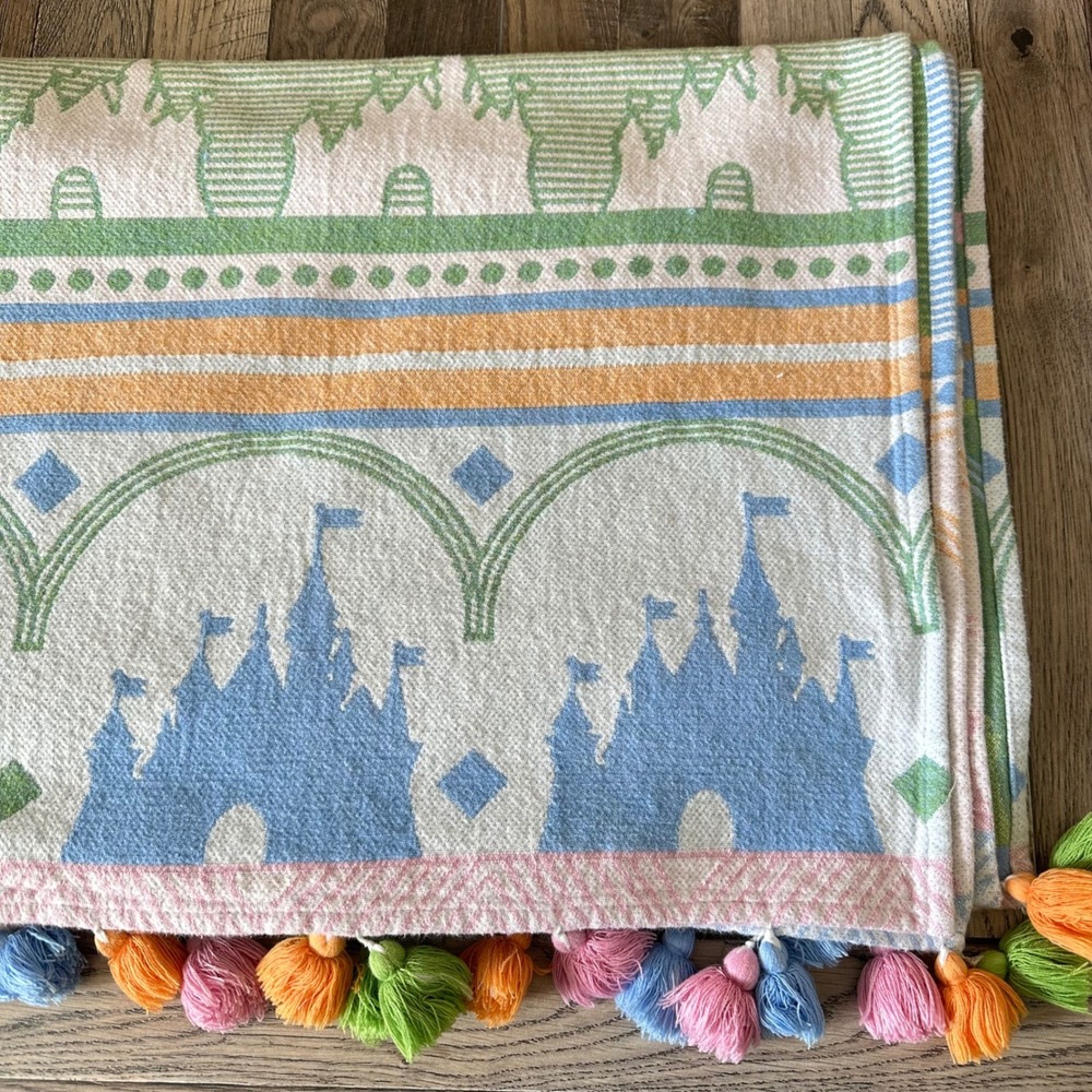 Disney Parks Fantasyland Castle Pastel Knit Throw Blanket Tassels 72x60 Cotton - Picture 8 of 9